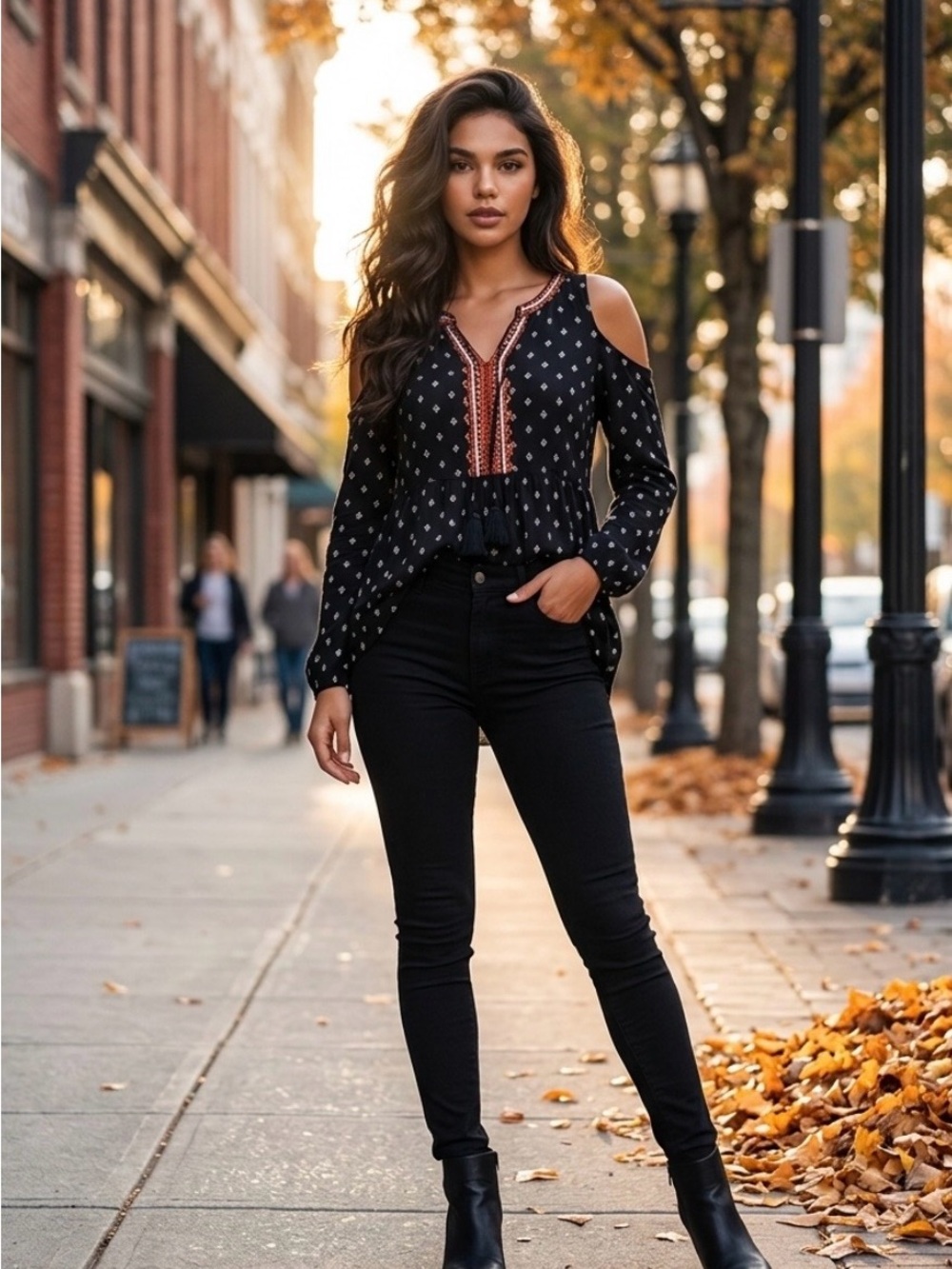 Cold-Shoulder Embroidered V-Neck Blouse in Black